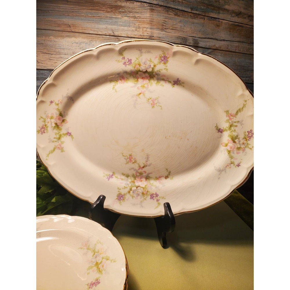 French Saxon China Platter and Plates Set Floral Pink 22kt Gold Trim Union Made